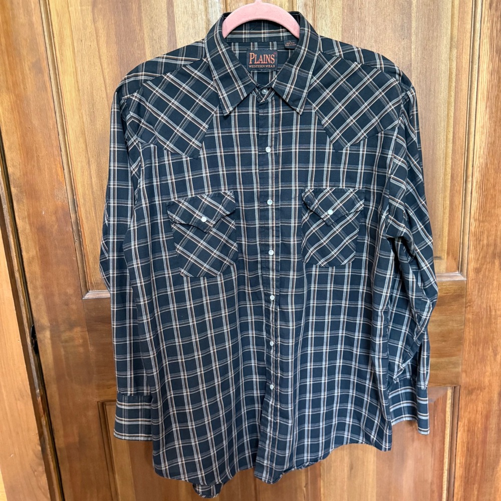 Vintage Plains Western Wear Mens Large Black Plaid Pearl Snap Long Sleeve Shirt